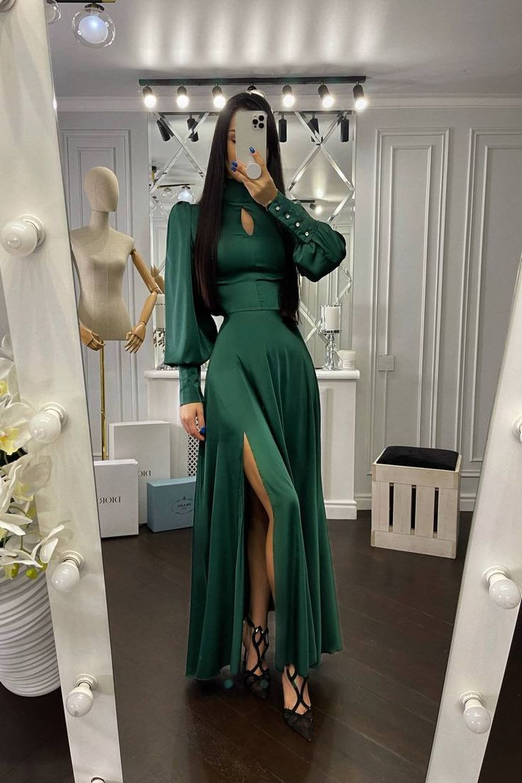 Fabric: High-quality heavy faux silk Viscose 35%, Polyester 35%, Cotton 20% Nylon 10% Maxi length Slit side Puff sleeves Emerald IMPORTANT: Processing time for sizes XS, L-3XL requires extra 5 business days. We are preparing sizes XS, L-3XL one by one (hand-made). Designed by John Tial | GIORIS Classy Green Dress, Elegant Streetwear, Soiree Dresses, Emerald Green Weddings, Long Party Dress, Graduation Dresses, Ladies Dresses, Puff Sleeve Dresses, Dress Spring