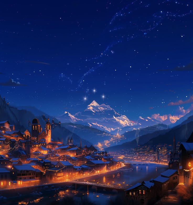 an animated city at night with mountains in the background and snow on the ground below