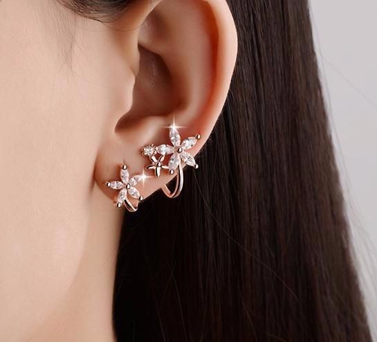 Flower Ear Cuffs, Flower Ear, Climber Earrings, Sterling Silver Flowers, 925 Silver Jewelry, Stud Earrings Set, Rose Earrings, Cuff Earrings, Rose Gold Earrings