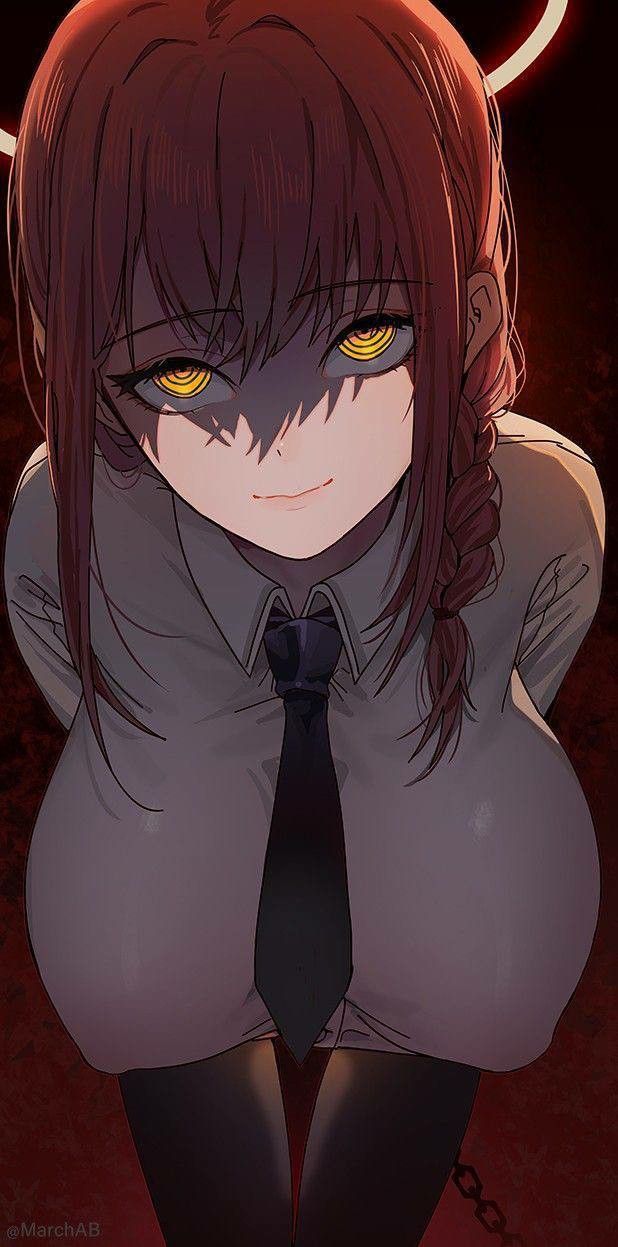 an anime character with yellow eyes and long hair, wearing a black tie in front of a dark background