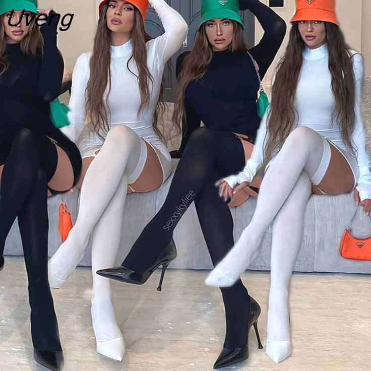 three women in matching outfits posing for the camera with hats on their heads and legs