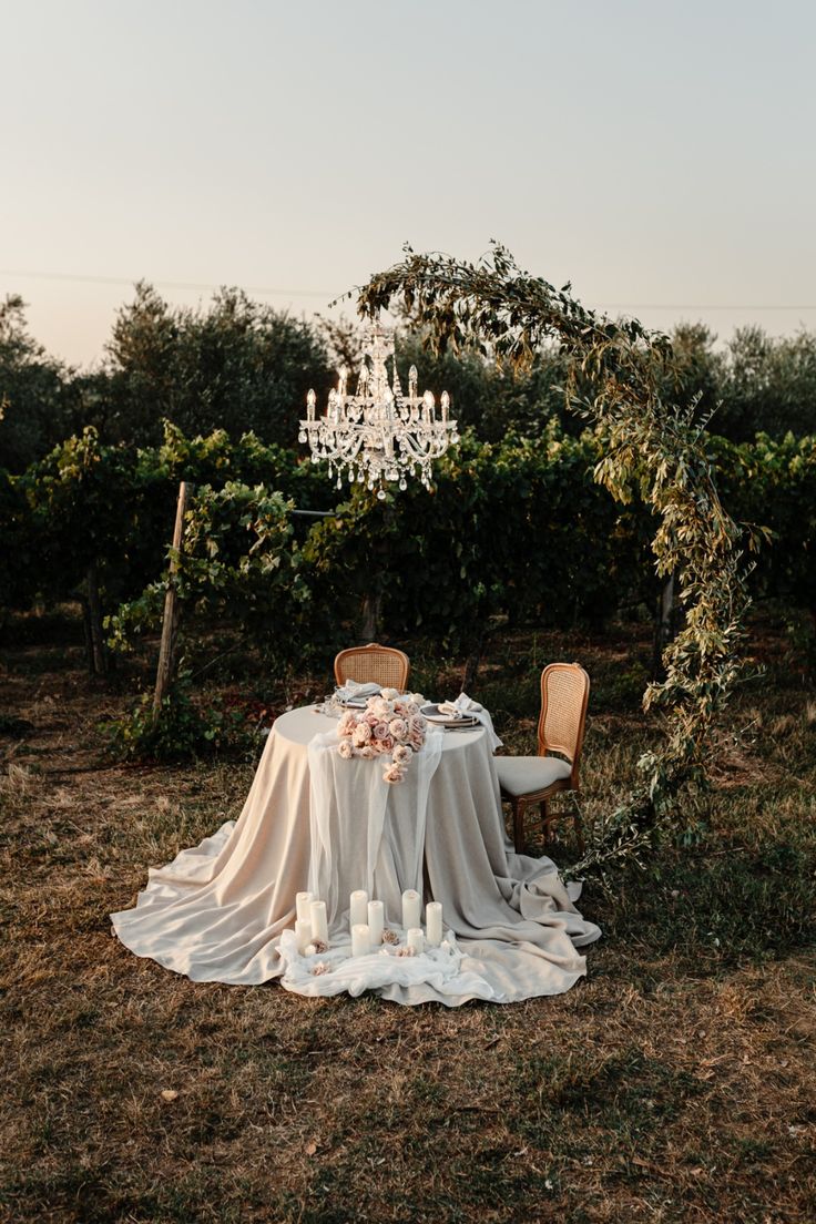 a table set up in the middle of a field with chandelier