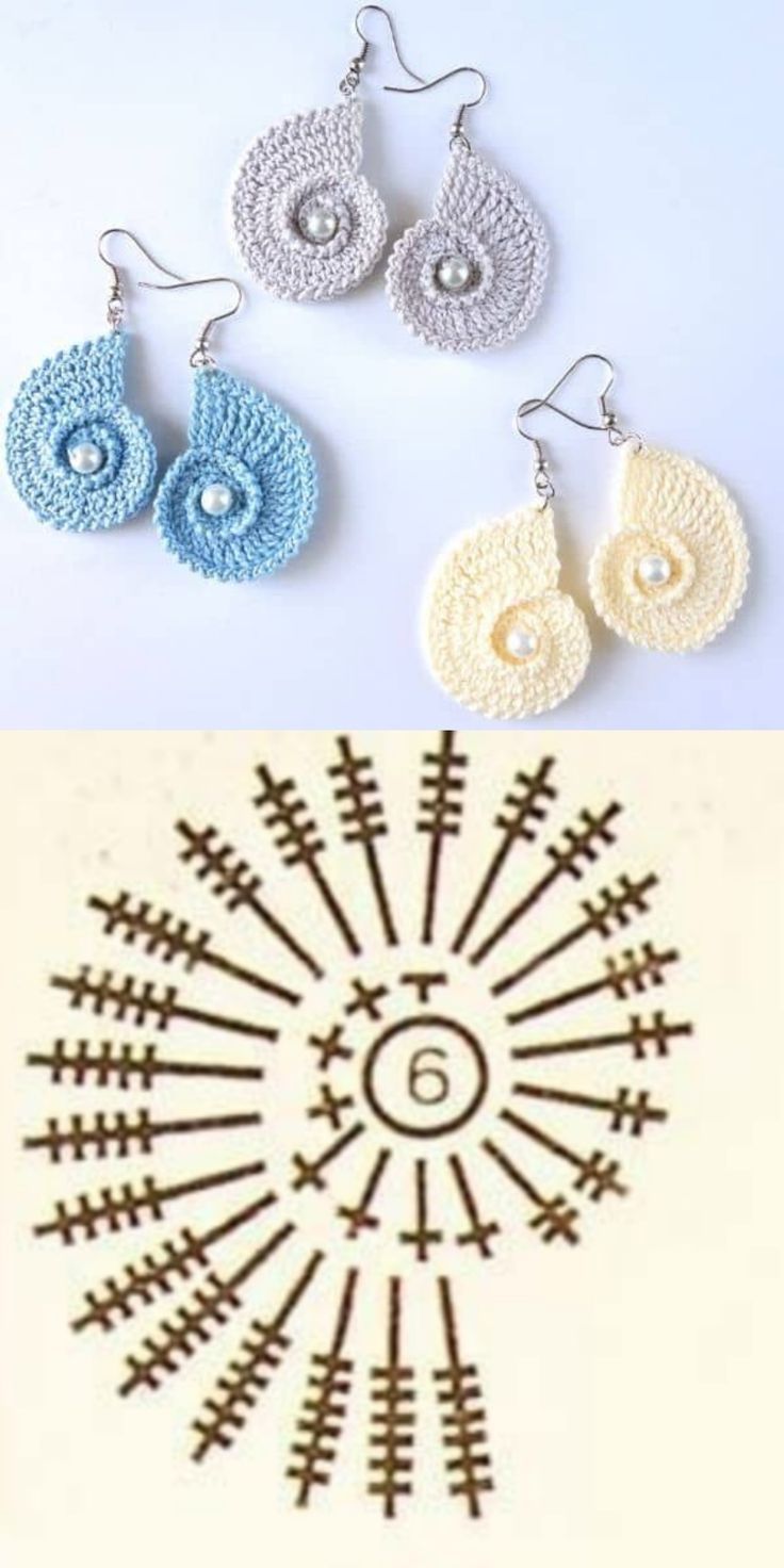 crocheted earrings are shown in three different colors and sizes, with the number six on