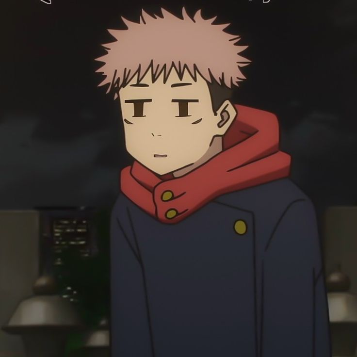 an anime character with short hair wearing a blue coat and red scarf, staring at the camera