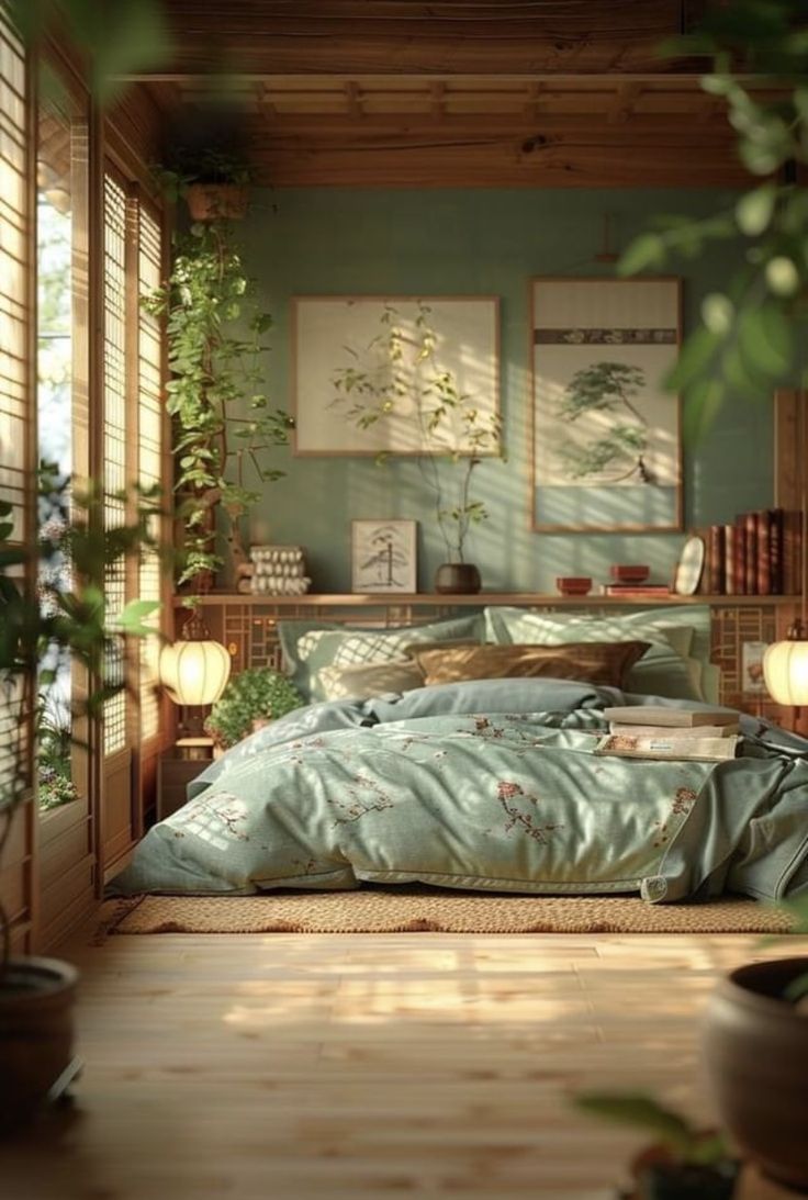 a bed room with a neatly made bed and lots of plants on the wall next to it