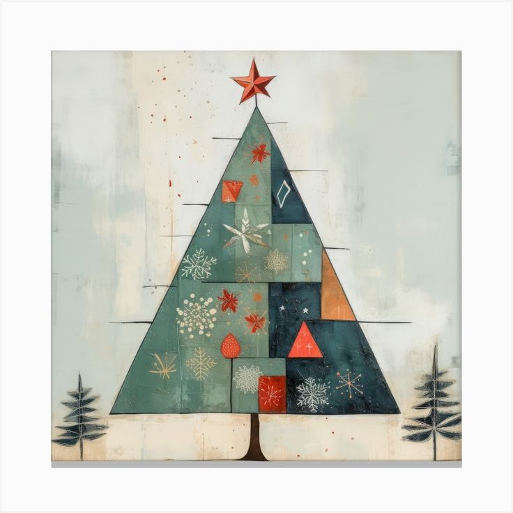 a painting of a christmas tree with stars on it