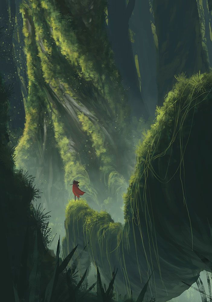 a red bird sitting on top of a lush green forest filled with tall grass and trees