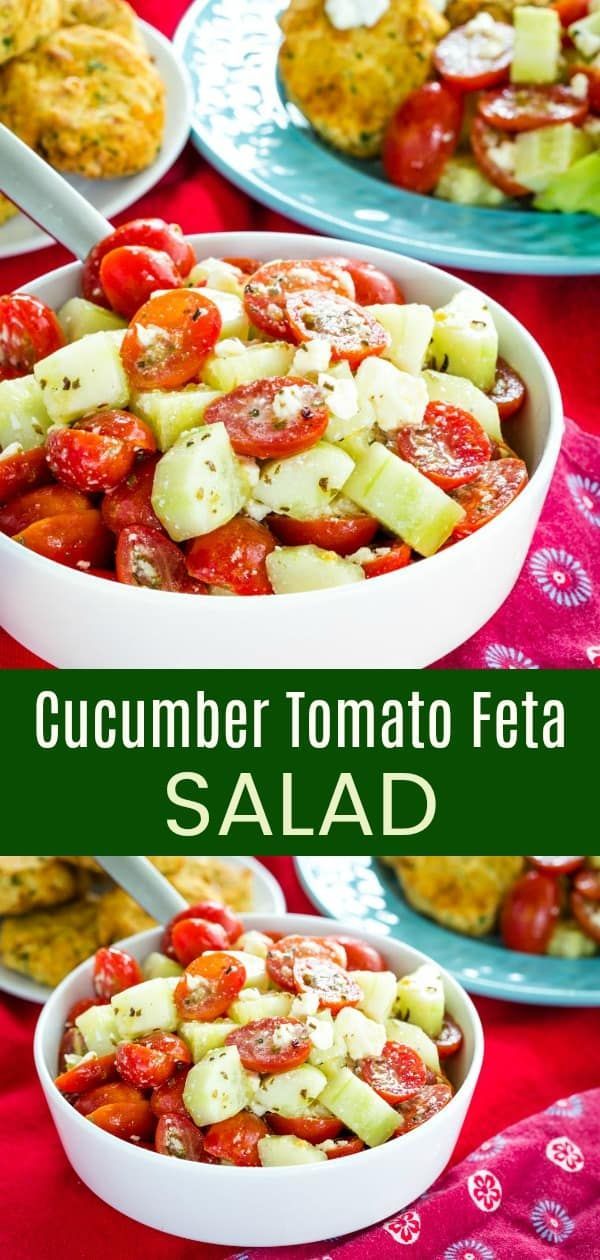 cucumber tomato feta salad is shown in three different bowls on a red tablecloth