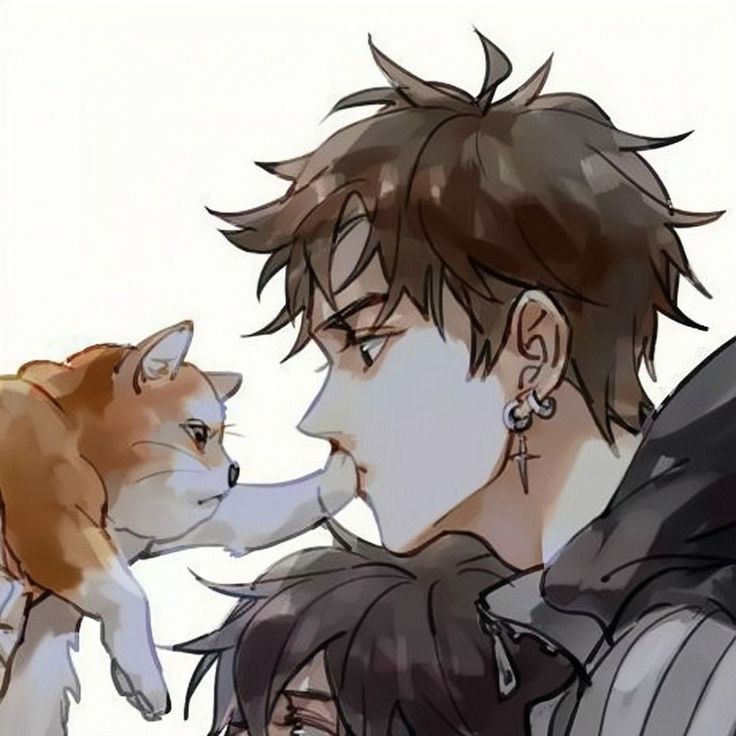 two anime characters are kissing each other with a cat on their shoulder, and one has his face close to the camera