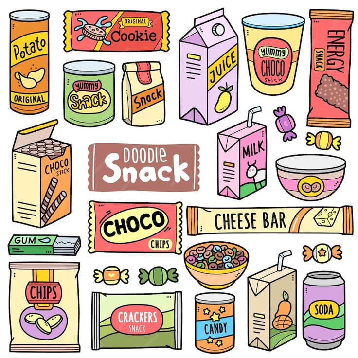 doodle snack items are shown in this hand - drawn illustration, including milk, cereal and other foods