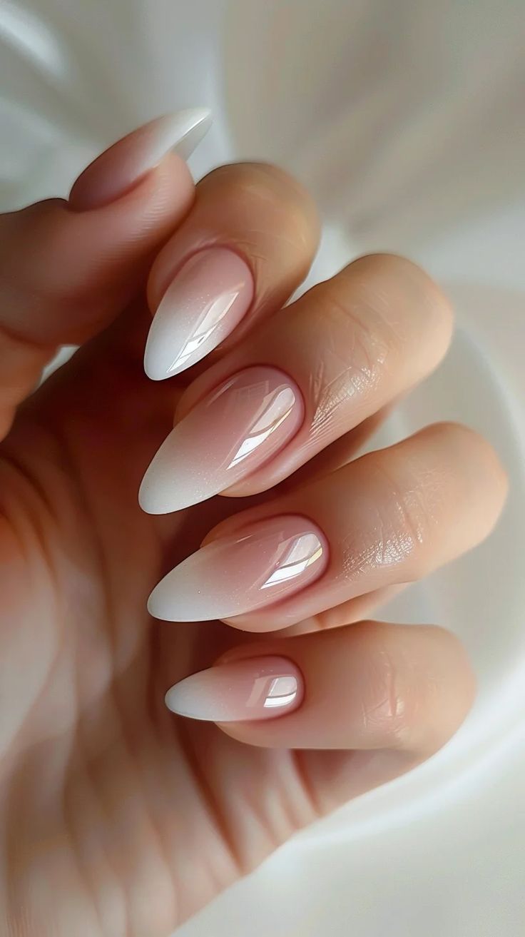 Top 40 Frombre French Manicure Ombre Nail Designs Trending Right Now Oval Ombré Nails, Ombre Nude Nails Almond Shape, Braid Nails Wedding, Ombré French Dip Nails, Chrome Ombre French Tip Nails, Neutral Ombre Nails Almond, Blended French Nails, Ombre French Almond Nails, Ombré French Manicure