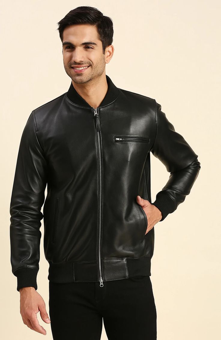 Get the best deals on River Black Bomber Leather Jacket at just $255. Shop now for the latest collection of men's leather jackets and coats at Shopperfiesta. Urban Leather Jacket For Fall, Urban Leather Jacket For Fall Business Wear, Urban Leather Jacket For Business In Fall, Fitted Black Faux Leather Jacket, Black Leather Jacket With Pockets For Fall, Fitted Leather Jacket Casual Style, Solid Leather Biker Jacket For Streetwear, Black Leather Jacket For Business In Fall, Black Stand Collar Biker Jacket For Work