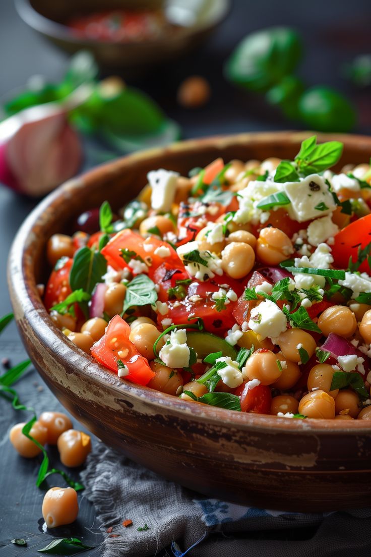 a wooden bowl filled with chickpeas, tomatoes and feta cheese on top of a table