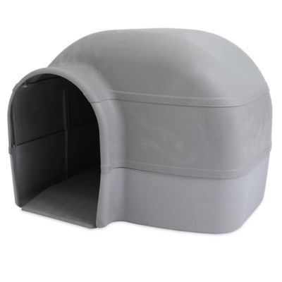 a large gray dog house with the door open on a white background for dogs to sit in