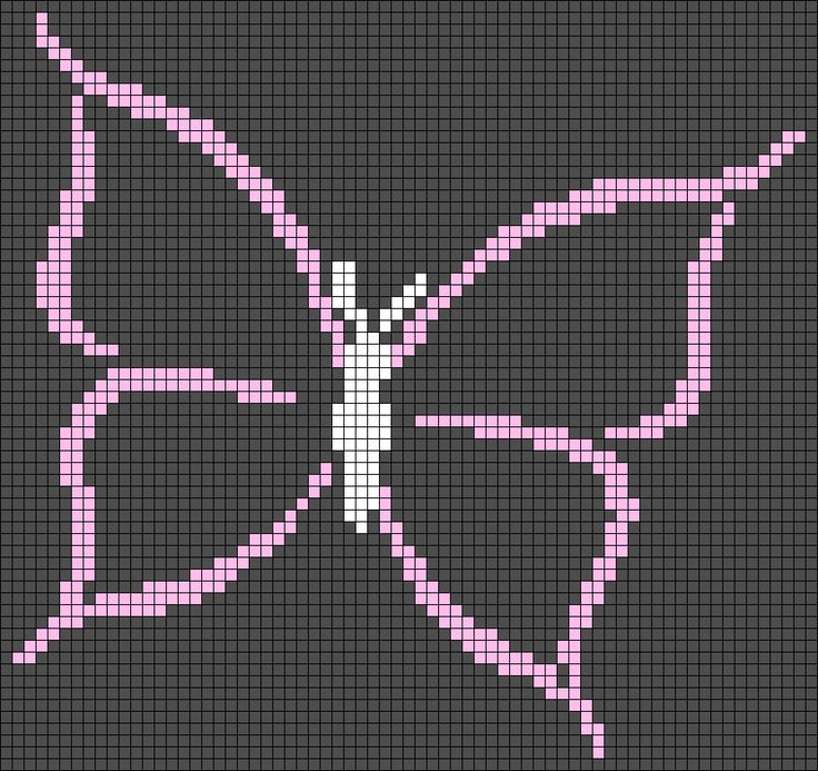 a cross - stitch pattern of a pink butterfly on a black background with white dots