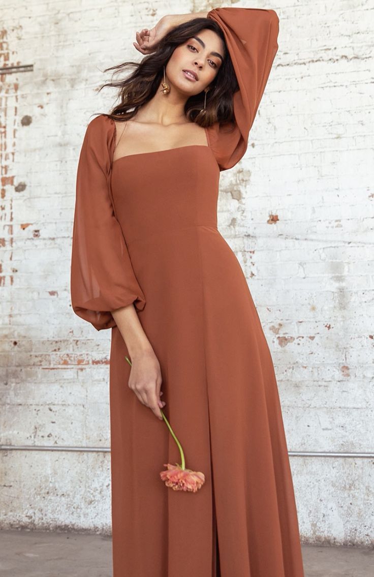 Wedding Guest Dress Simple, Coming Soon Photo, Wedding Guest Dress Inspiration, Wedding Guest Dress Ideas, Rust Color Dress, Rust Wedding, Simple Long Dress, Jenny Yoo Collection, Long Sleeve Bridesmaid Dress