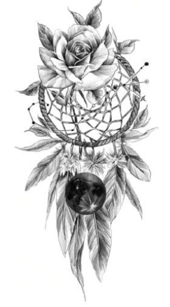 a black and white drawing of a rose with feathers on it's back side