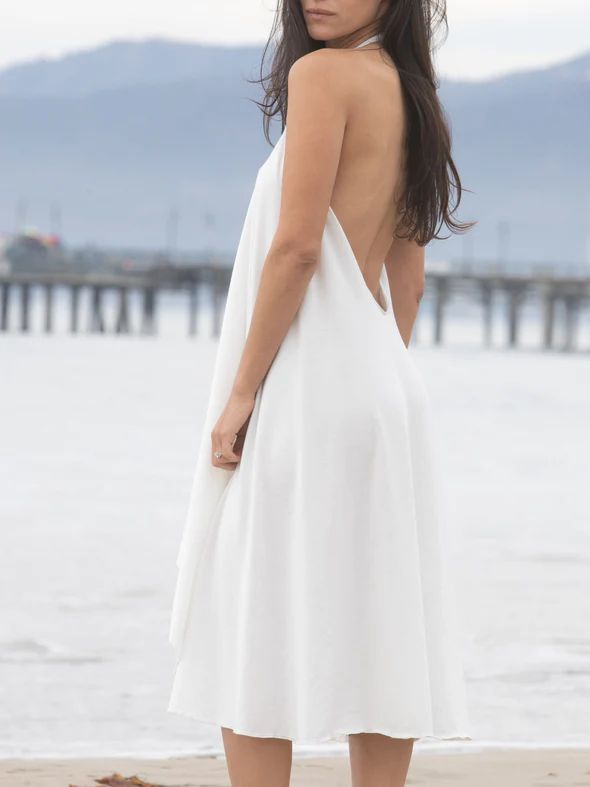 Zera | Simple White Dress – glorka Elegant Low Back Maxi Dress For Vacation, Elegant Backless Party Beach Dress, Elegant Maxi Dress With Back Opening For Beach, Elegant Beach Maxi Dress With Back Opening, Elegant Backless Dress With Tie Back For Vacation, Chic Maxi Dress For Beach Wedding, Backless Halter Dress For Summer Wedding, Elegant Beach Dresses With Back Opening, Summer Backless Halter Dress For Wedding