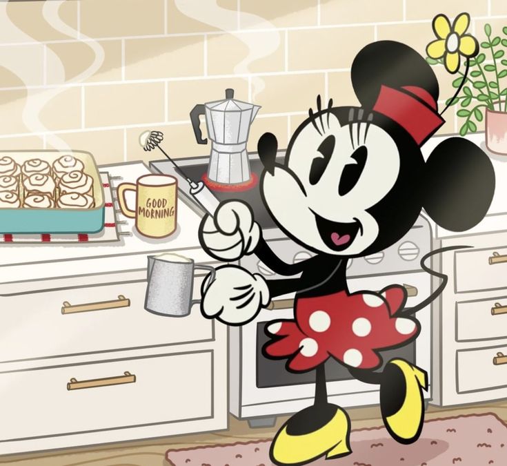 a cartoon mickey mouse is in the kitchen