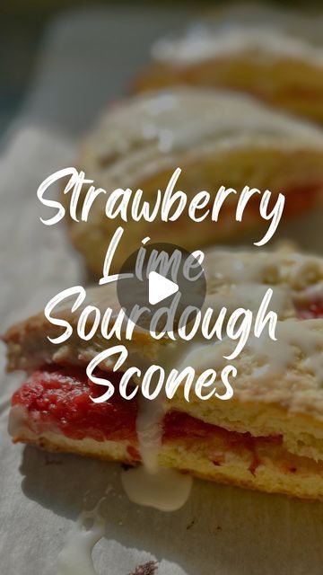 strawberry line sourdough scones with white icing on them and the words strawberry line sourdough scones