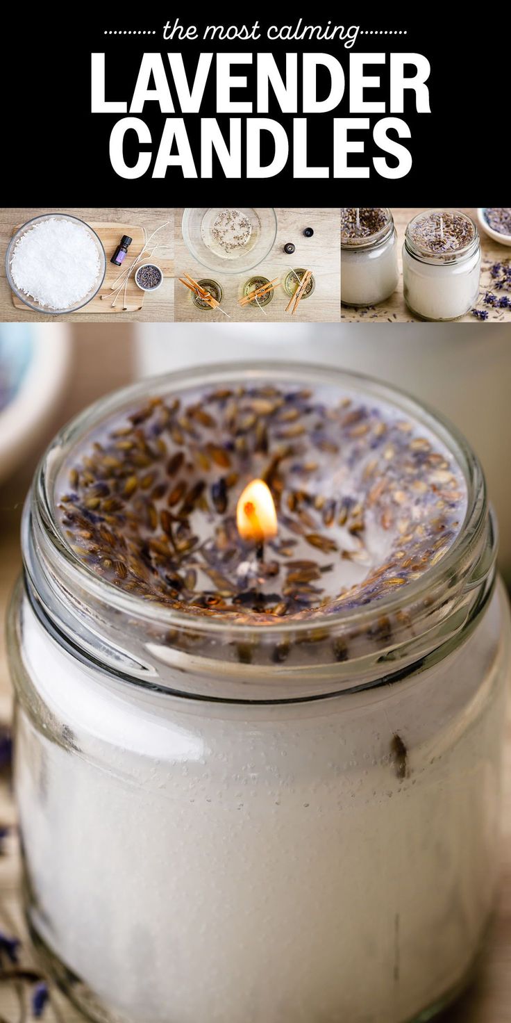 a jar filled with lavender candles sitting on top of a table