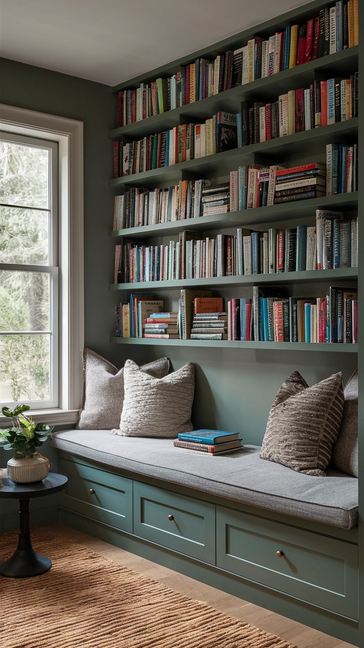 a window seat in front of a bookshelf filled with lots of books and pillows