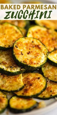 baked parmesan zucchini on a white plate with the title above it