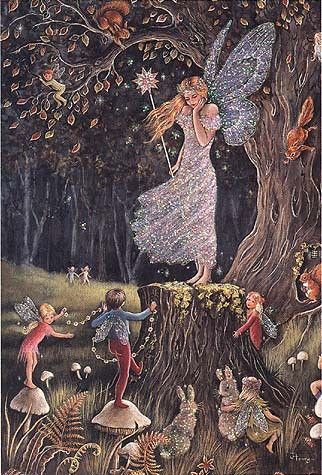 a fairy painting with children playing in the woods