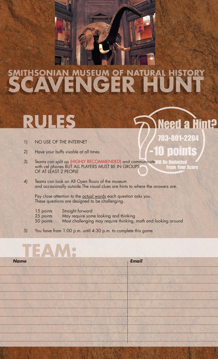 an advertisement for the museum of natural history scavenger hunt, which includes rules