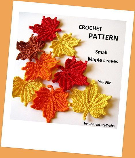 crochet leaf pattern for small maple leaves in orange, yellow and red colors