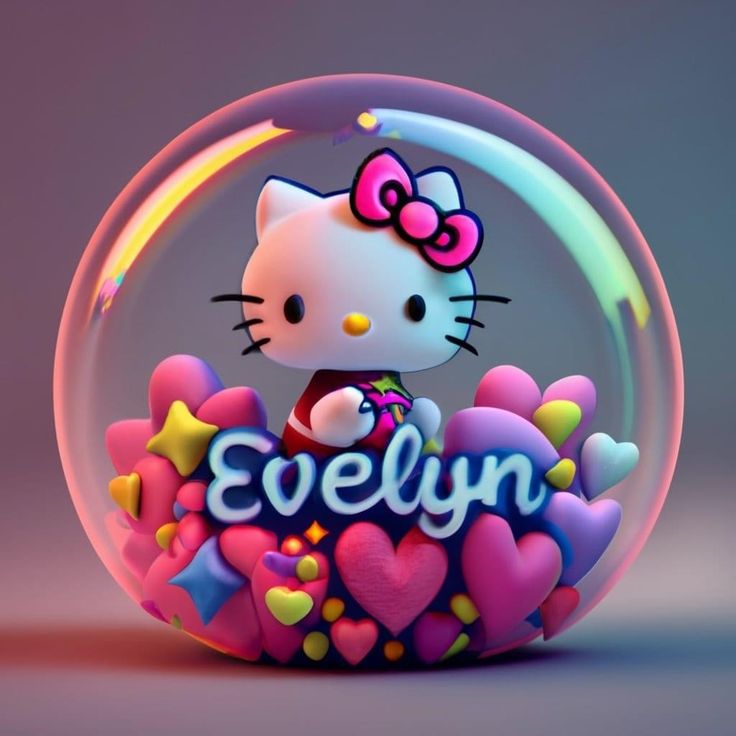 an image of a hello kitty in a bubble with hearts and the word evelyn on it