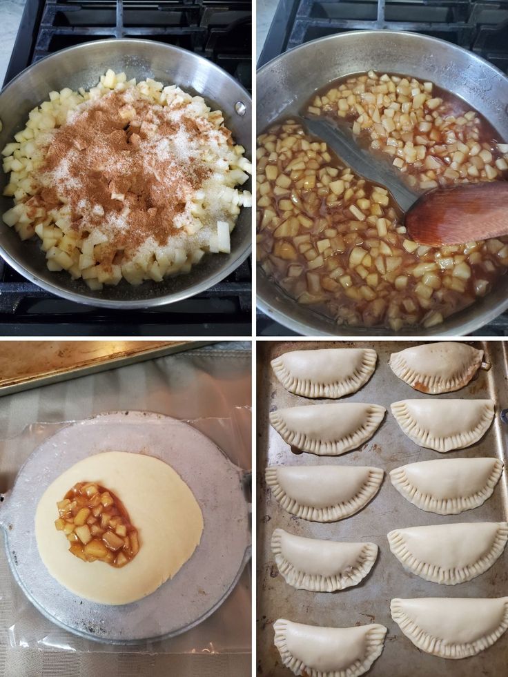 the process of making dumplings is shown in four different stages, including baking them