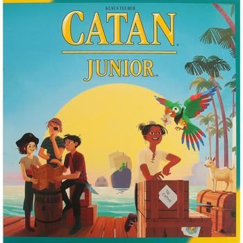 the catan junior board game is shown in front of an image of people on a dock