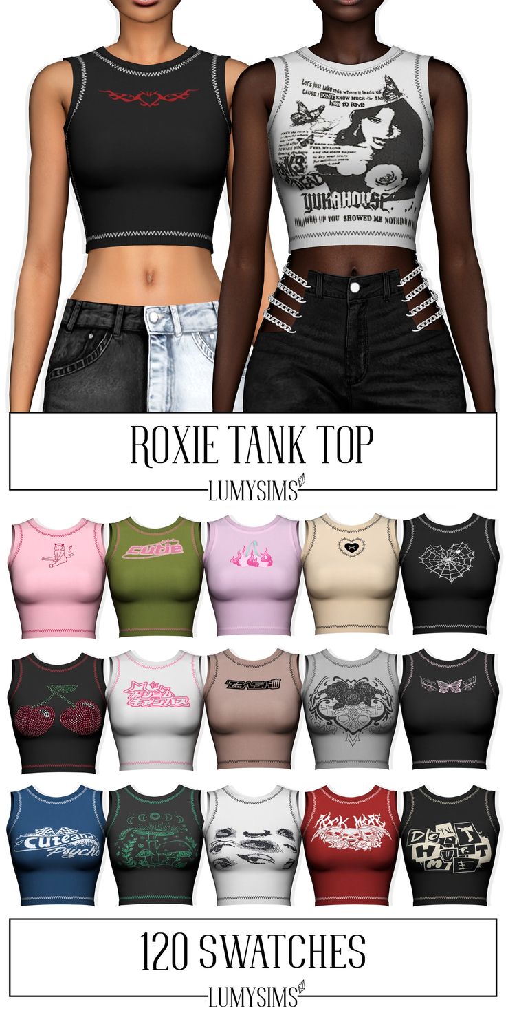 several different types of women's crop tops in various colors and sizes, with the same