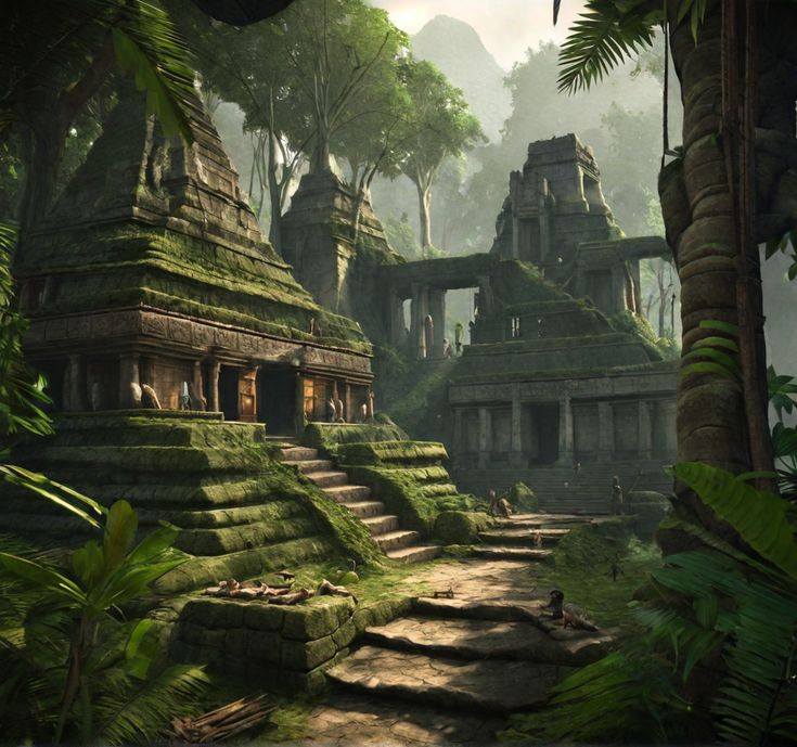 an artist's rendering of a jungle temple in the middle of trees and bushes