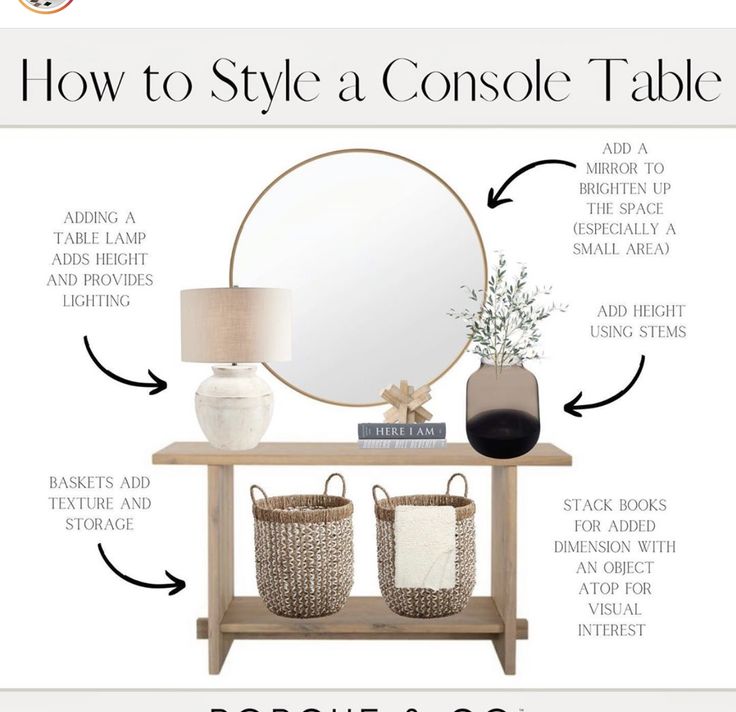 a table with two baskets and a round mirror on it, labeled how to style a console table