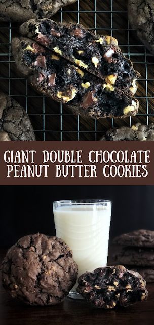 giant double chocolate peanut butter cookies on a cooling rack next to a glass of milk