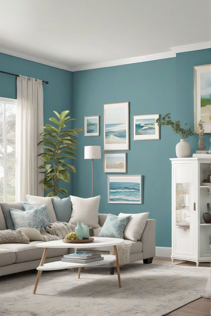 a living room with blue walls and white furniture