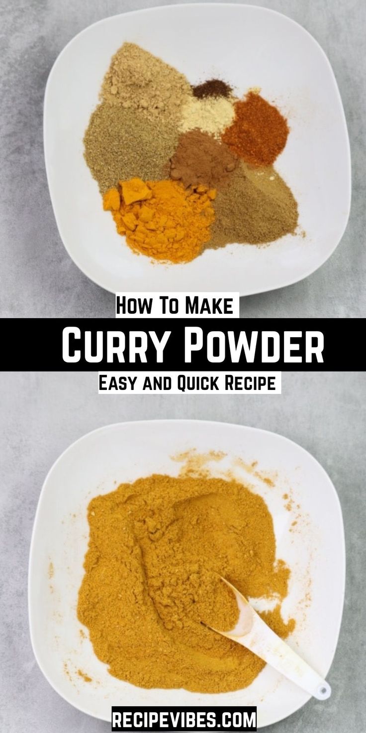 two bowls filled with different types of spices and the words how to make curry powder easy and quick recipe