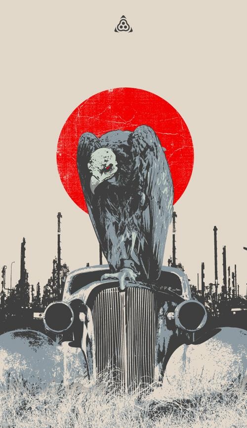 an owl sitting on the hood of a car in front of a red and black background