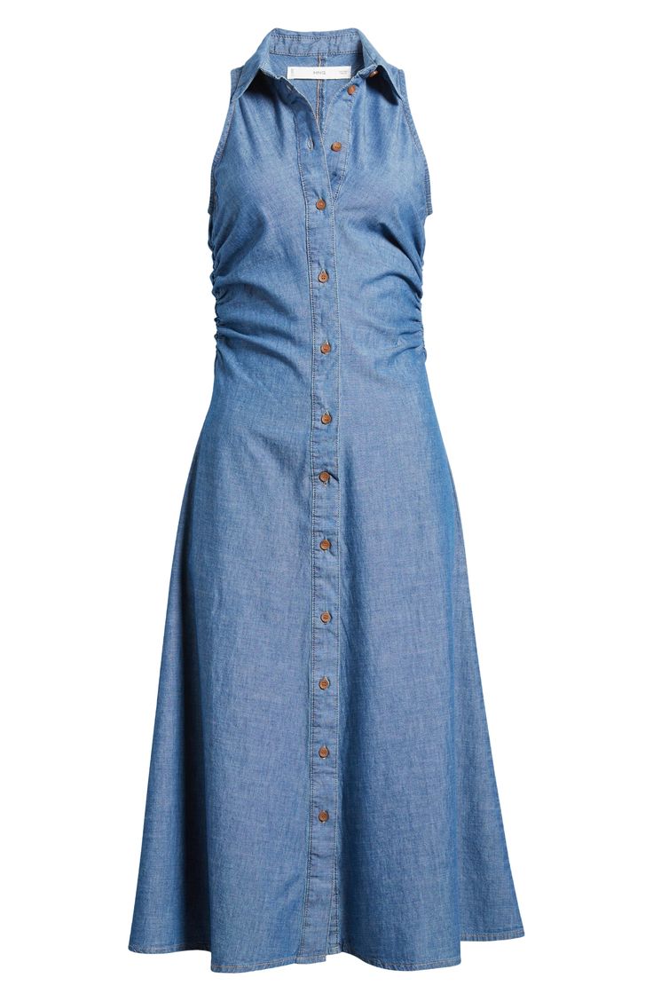 Ruching at the sides creates shape on this denim shirtdress cut in a summery sleeveless silhouette and topped with a polished point collar. Front button closure Point collar Sleeveless 100% cotton Machine wash, line dry Imported Summer Button-up Chambray Shirt Dress, Summer Chambray Button-up Shirt Dress, Summer Chambray Shirt Dress, Collared Medium Wash Denim Summer Dress, Summer Daywear Medium Wash Denim Dress, Summer Denim Blue Cotton Shirt Dress, Summer Cotton Denim Blue Shirt Dress, Medium Wash Denim Dress For Summer Daywear, Collared Denim Dress For Summer Workwear