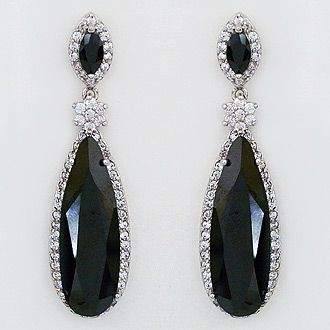 CZ Earrings. Total glam. Jet black teardrop earrings in an elongated design. Perfect for parties, nights out & formal affairs. Old Hollywood glam. Black Drop Earrings For Formal Occasions, Black Teardrop Earrings For Evening, Black Teardrop Earrings For Formal Occasions, Black Drop Teardrop Earrings For Party, Black Teardrop Earrings For Party, Black Teardrop Drop Earrings For Party, Black Teardrop Crystal Earrings For Formal Events, Elegant Black Long Drop Chandelier Earrings, Pierced Black Teardrop Jewelry