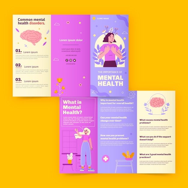 the mental health brochure is shown in three different colors and sizes, with an illustration of a woman holding a brain