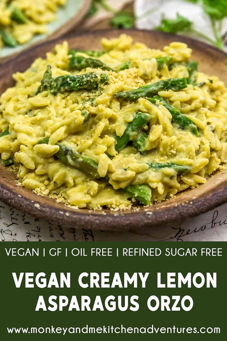 vegan creamy lemon asparagus orzo on a plate with text overlay