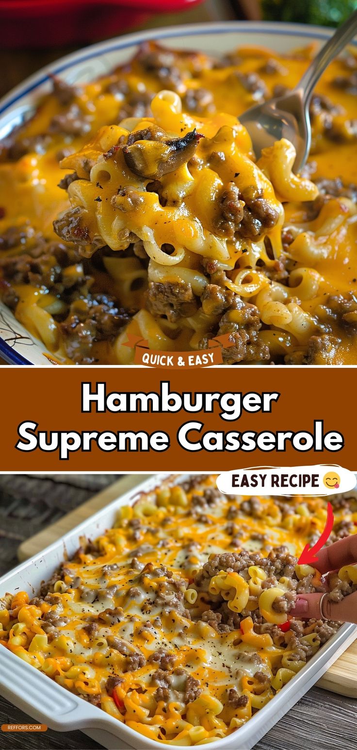 hamburger supreme casserole in a white dish with a serving spoon on the side