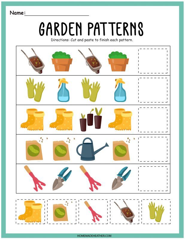 the garden pattern worksheet for children to learn how to make gardening pots and plants