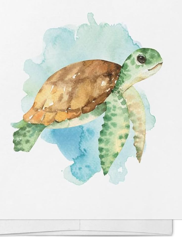 a watercolor painting of a sea turtle on white paper with blue and green background