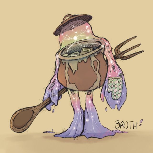 a drawing of a pot with spoons in it and a hat on its head