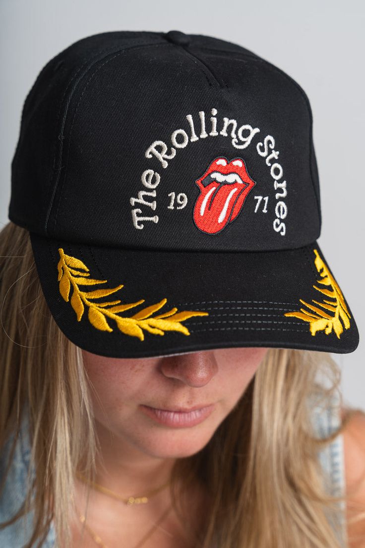 Rolling Stones club captain hat black - Trendy Band T-Shirts and Sweatshirts at Lush Fashion Lounge Boutique in Oklahoma City Punk Cap Hat One Size Fits Most, Punk Style Cap Hat, Punk Style Cap One Size Fits Most, Casual Black Hat For Music Festival, Black Snapback Hat For Summer Festival, Retro Black Snapback Baseball Cap, Retro Black Snapback Cap, Hip Hop Cap For Festivals, Punk Style Adjustable Baseball Cap