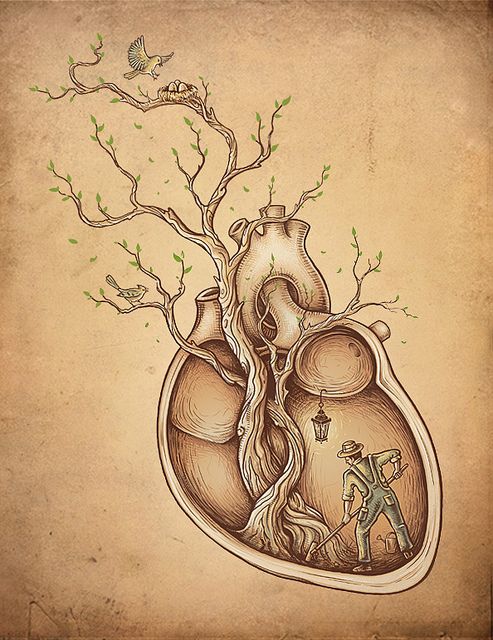 a drawing of a human heart with trees growing out of it and birds flying around